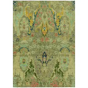 Photo of Green Gold And Pink Floral Washable Indoor Outdoor Area Rug