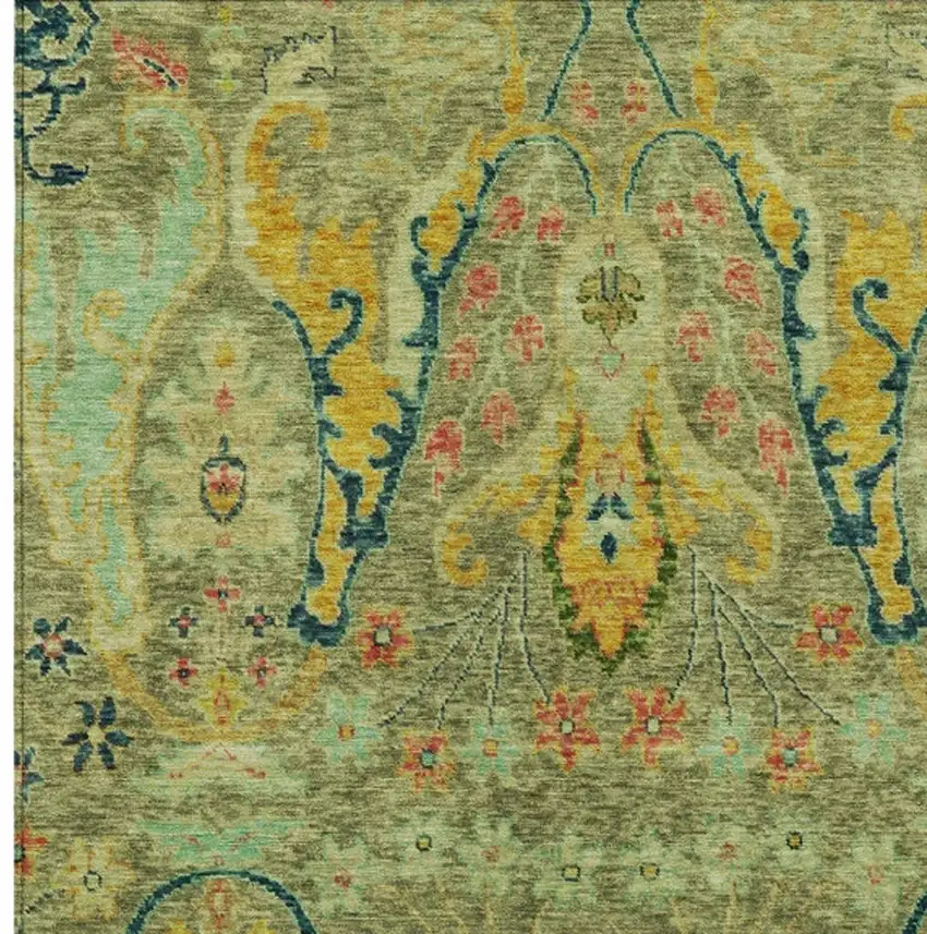 Green Gold And Pink Floral Washable Indoor Outdoor Area Rug Photo 3