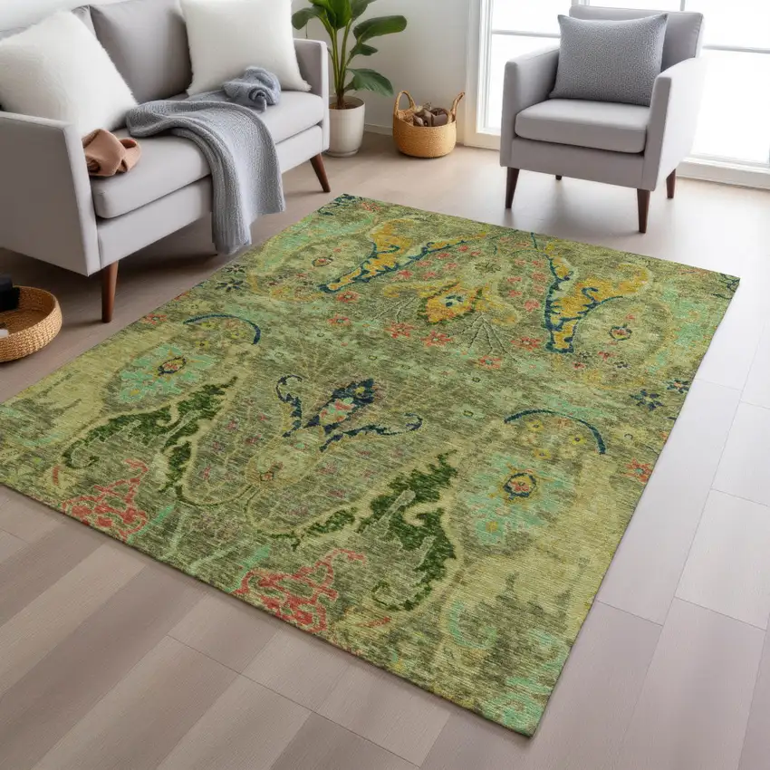 Green Gold And Pink Floral Washable Indoor Outdoor Area Rug Photo 6