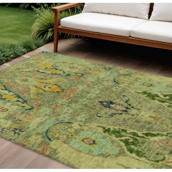 Green Gold And Pink Floral Washable Indoor Outdoor Area Rug Photo 2