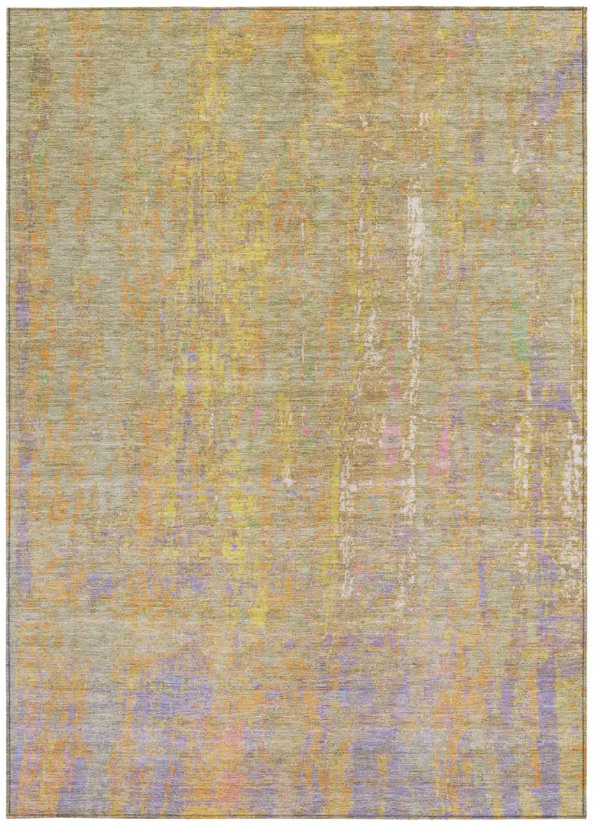 Green Gold And Purple Abstract Washable Indoor Outdoor Area Rug Photo 1