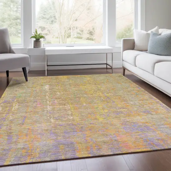 Green Gold And Purple Abstract Washable Indoor Outdoor Area Rug Photo 6