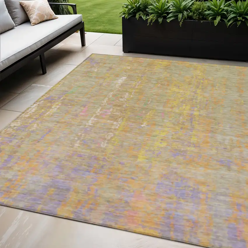 Green Gold And Purple Abstract Washable Indoor Outdoor Area Rug Photo 2