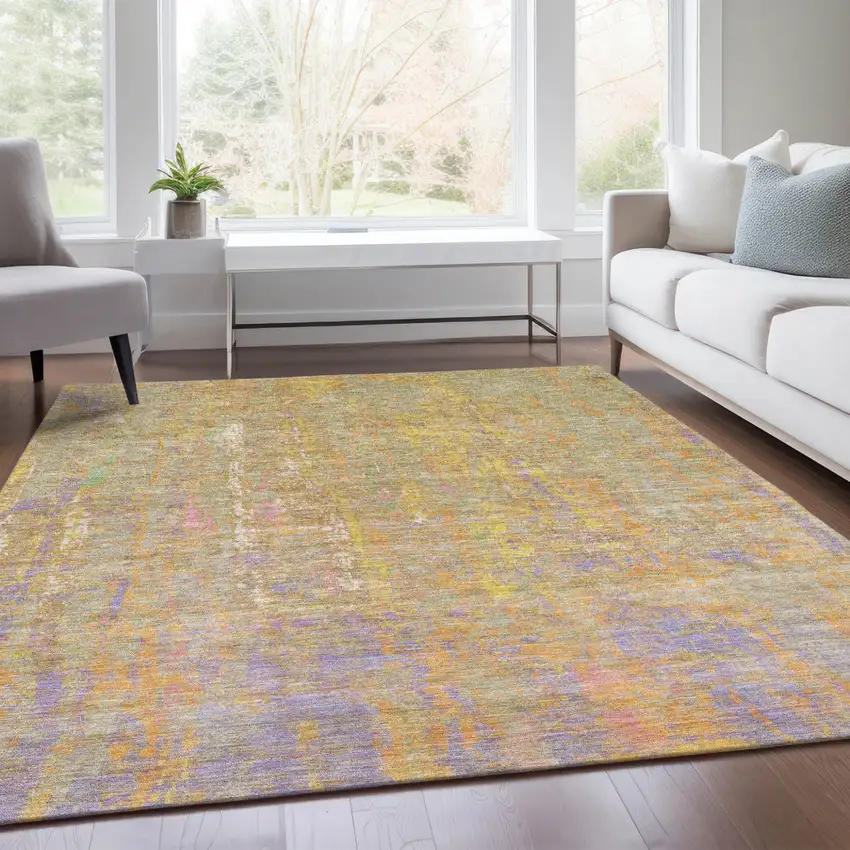 Green Gold And Purple Abstract Washable Indoor Outdoor Area Rug Photo 6