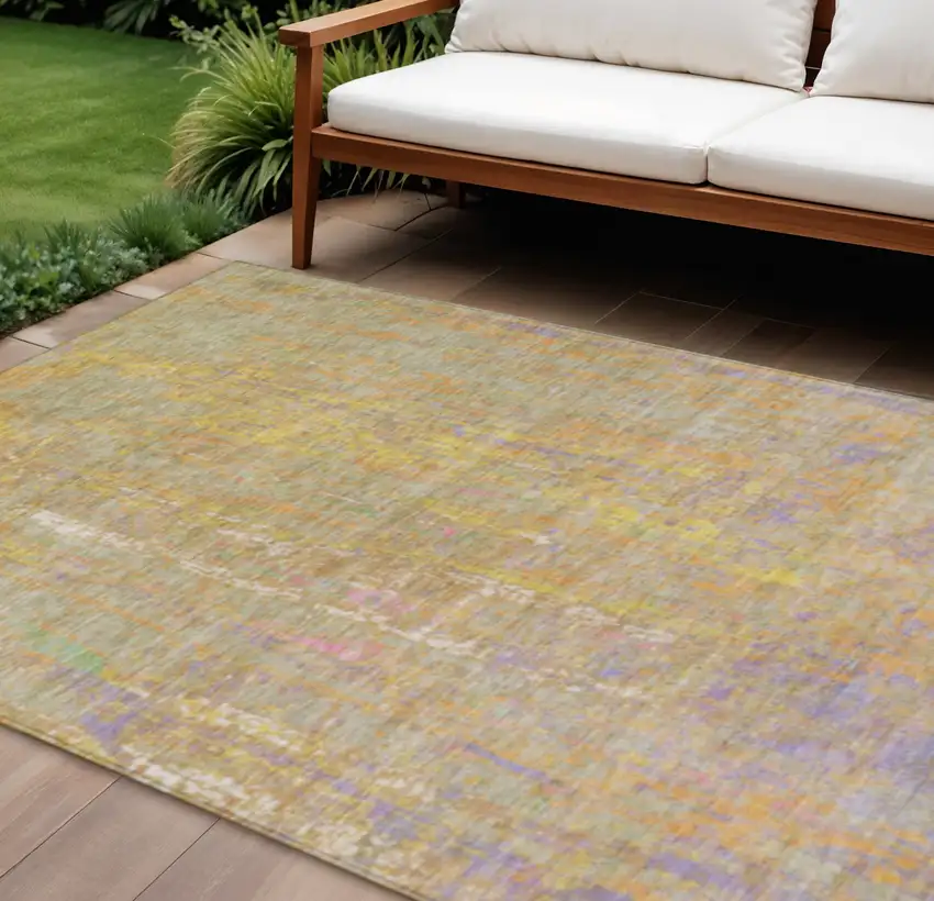 Green Gold And Purple Abstract Washable Indoor Outdoor Area Rug Photo 2