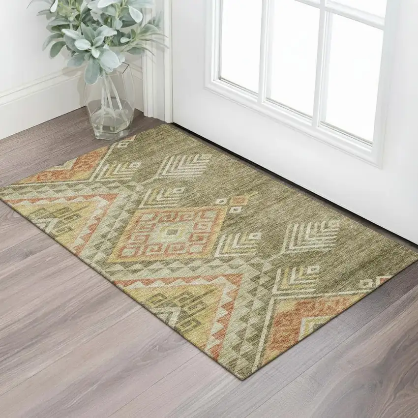 Green Gold And Salmon Geometric Washable Area Rug With UV Protection Photo 2