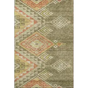 Photo of Green Gold And Salmon Geometric Washable Area Rug With UV Protection