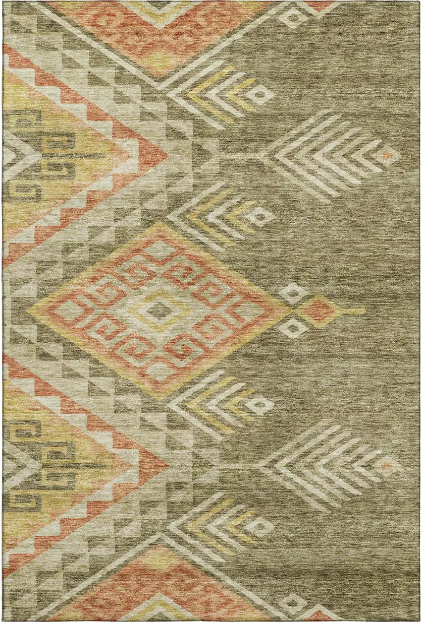 Green Gold And Salmon Geometric Washable Area Rug With UV Protection Photo 1