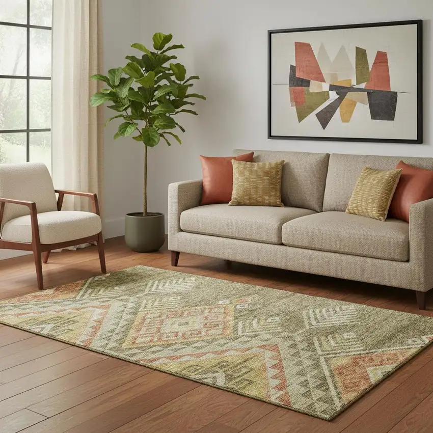 Green Gold And Salmon Geometric Washable Area Rug With UV Protection Photo 2