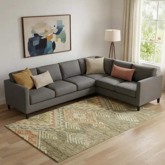 Green Gold And Salmon Geometric Washable Area Rug With UV Protection Photo 2