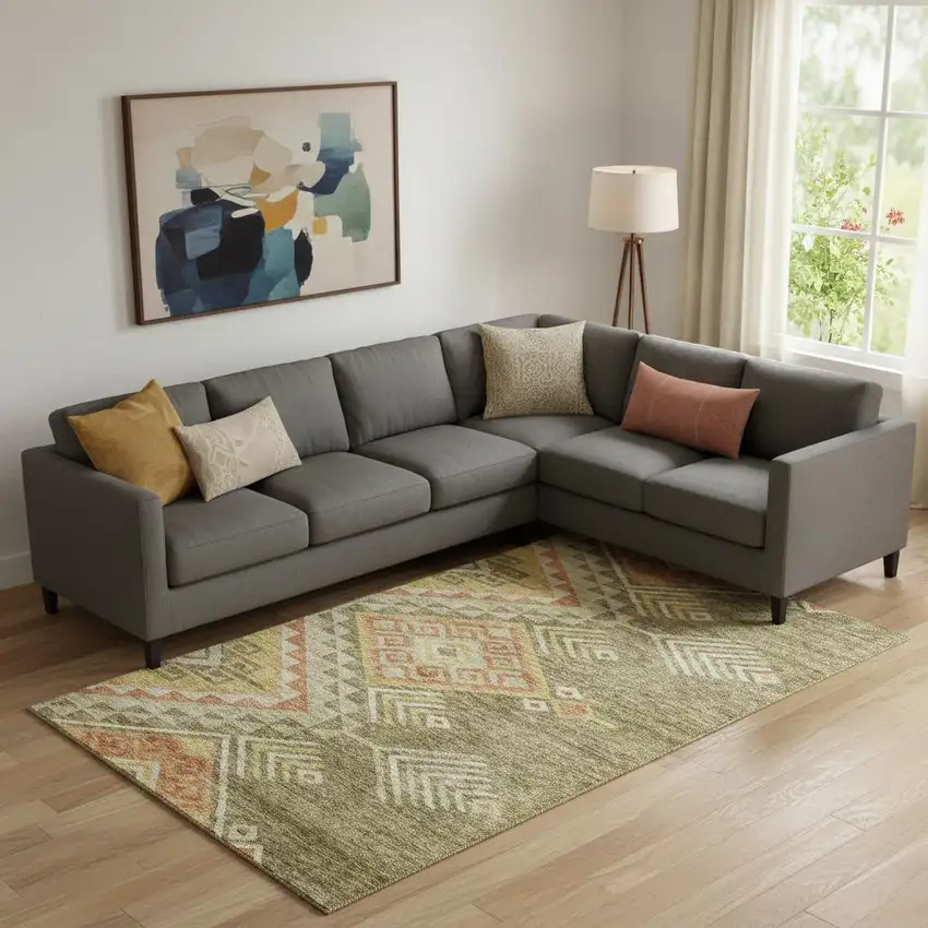 Green Gold And Salmon Geometric Washable Area Rug With UV Protection Photo 2