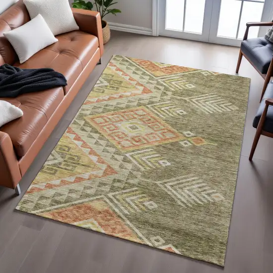 Green Gold And Salmon Geometric Washable Area Rug With UV Protection Photo 5