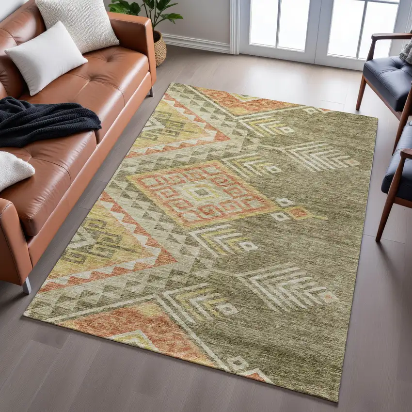Green Gold And Salmon Geometric Washable Area Rug With UV Protection Photo 5