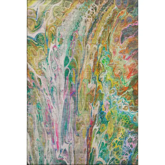 Green Gold And Teal Abstract Washable Area Rug With UV Protection Photo 2