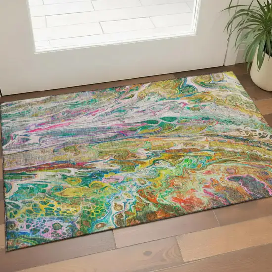 Green Gold And Teal Abstract Washable Area Rug With UV Protection Photo 1
