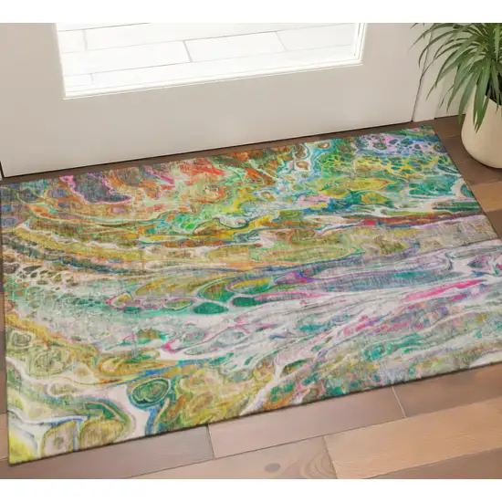 Green Gold And Teal Abstract Washable Area Rug With UV Protection Photo 1