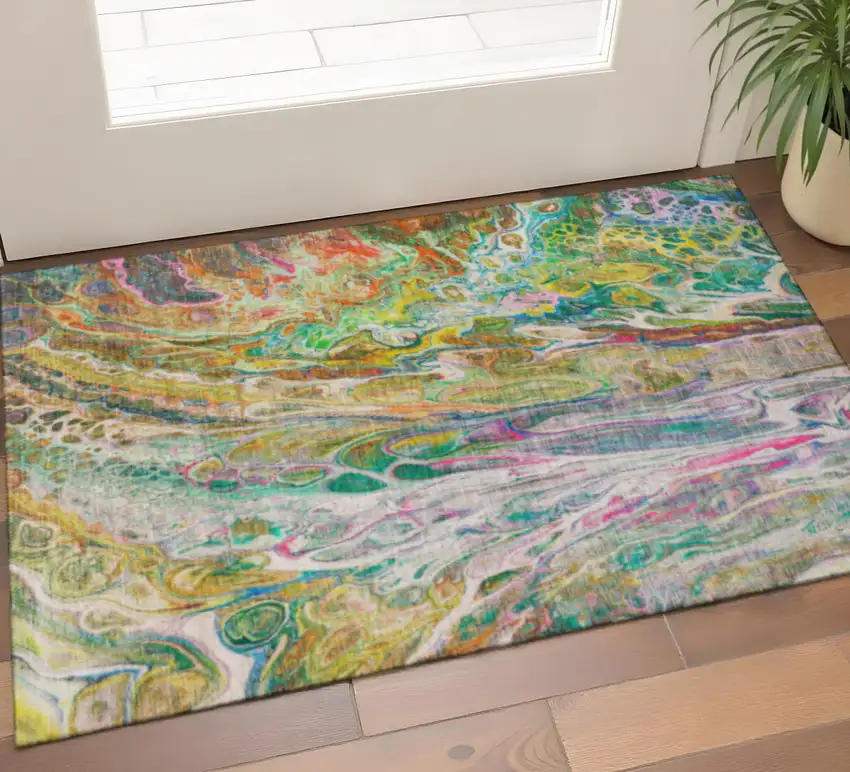 Green Gold And Teal Abstract Washable Area Rug With UV Protection Photo 1