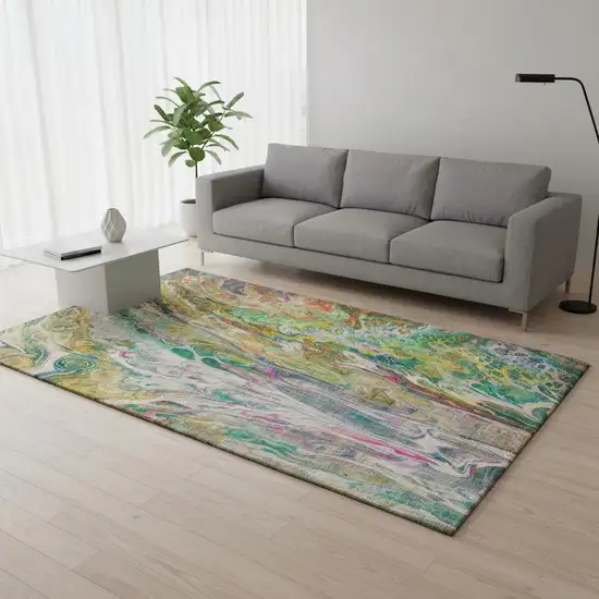 Green Gold And Teal Abstract Washable Area Rug With UV Protection Photo 2
