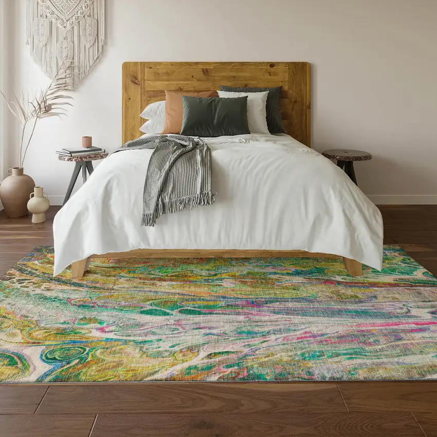 Green Gold And Teal Abstract Washable Area Rug With UV Protection Photo 6