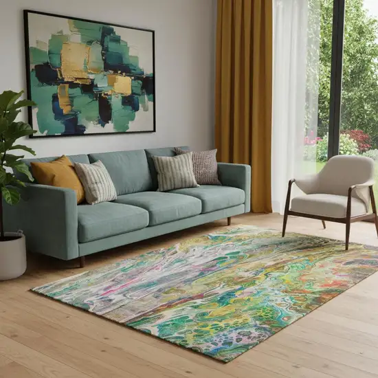 Green Gold And Teal Abstract Washable Area Rug With UV Protection Photo 1
