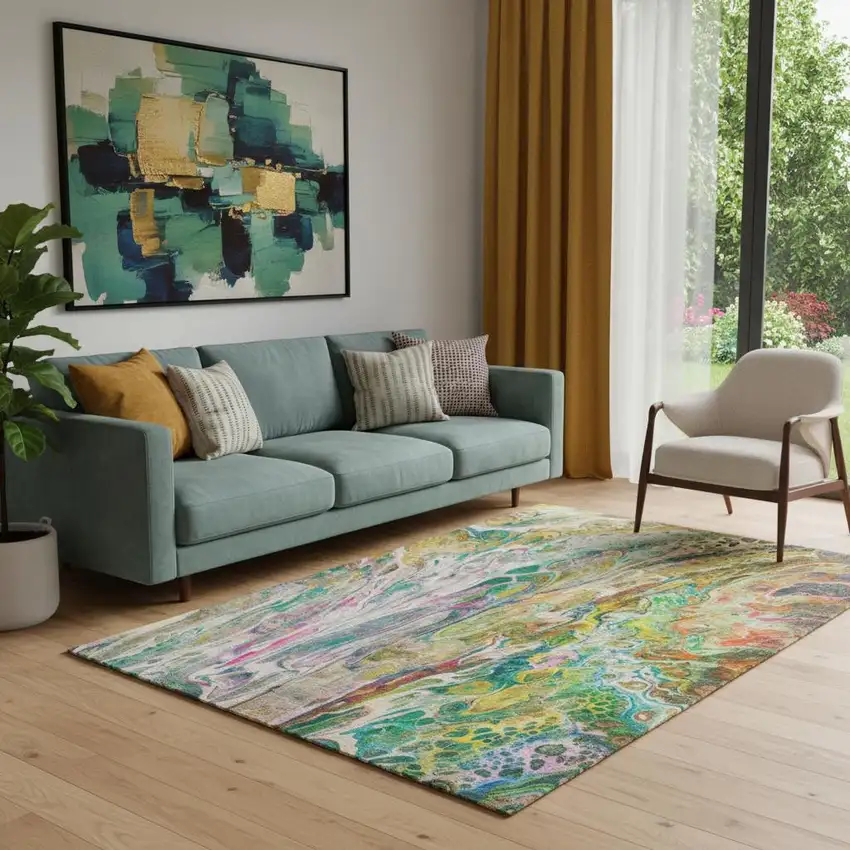 Green Gold And Teal Abstract Washable Area Rug With UV Protection Photo 1