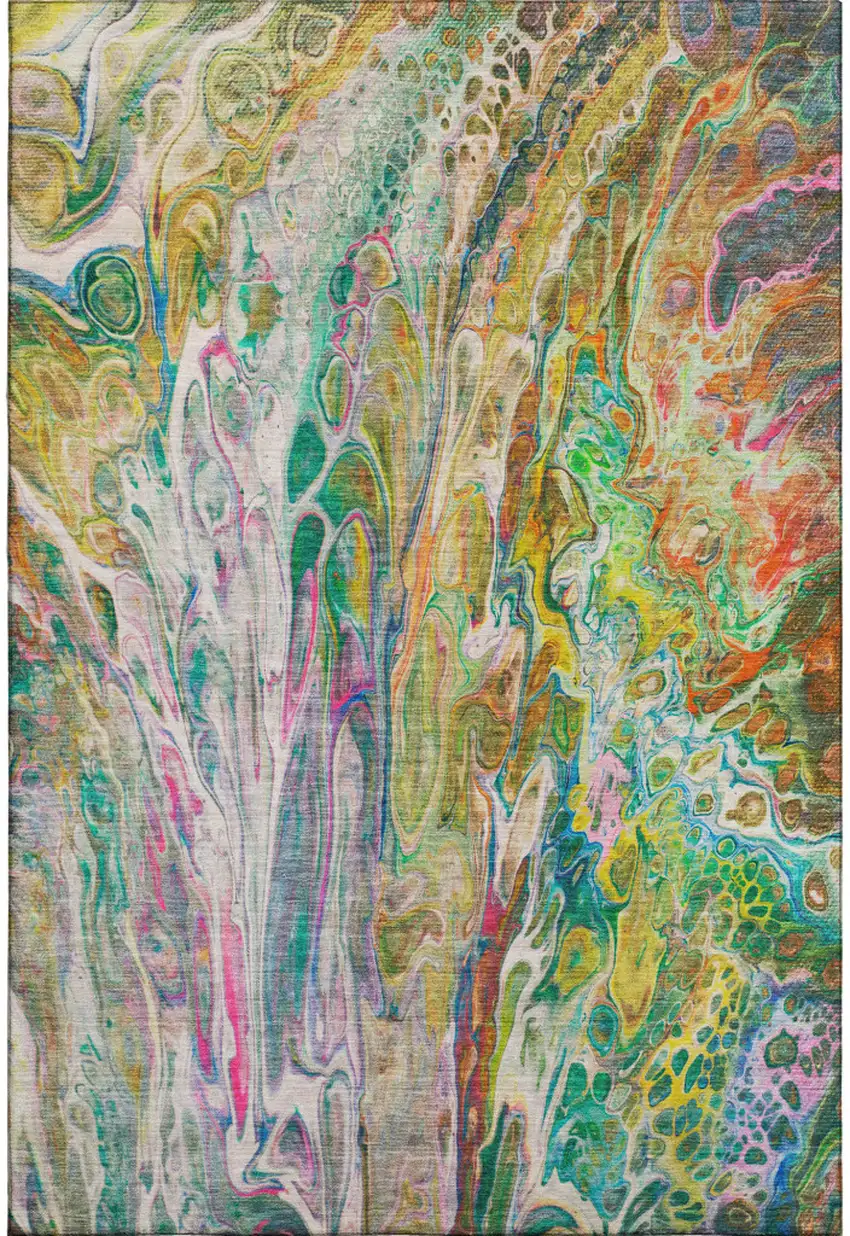 Green Gold And Teal Abstract Washable Area Rug With UV Protection Photo 1