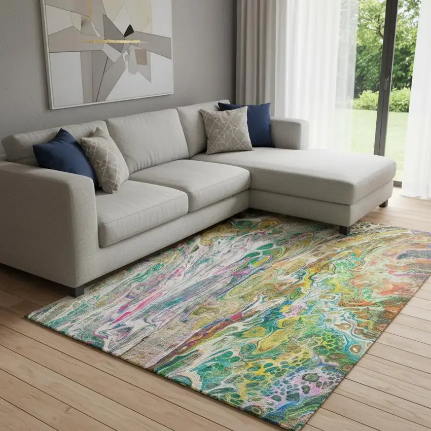 Green Gold And Teal Abstract Washable Area Rug With UV Protection Photo 1