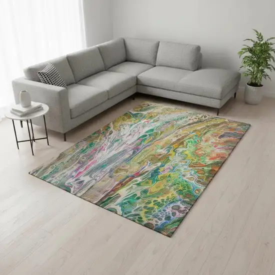 Green Gold And Teal Abstract Washable Area Rug With UV Protection Photo 2