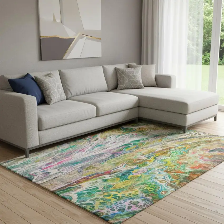 Green Gold And Teal Abstract Washable Area Rug With UV Protection Photo 1