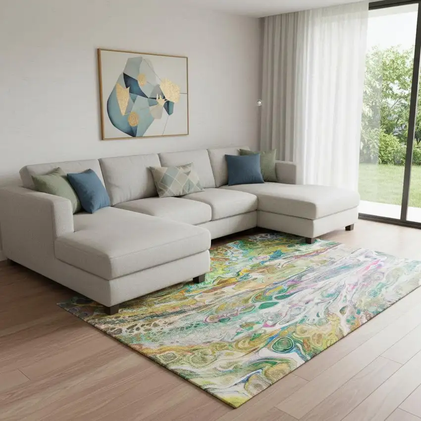 Green Gold And Teal Abstract Washable Area Rug With UV Protection Photo 1