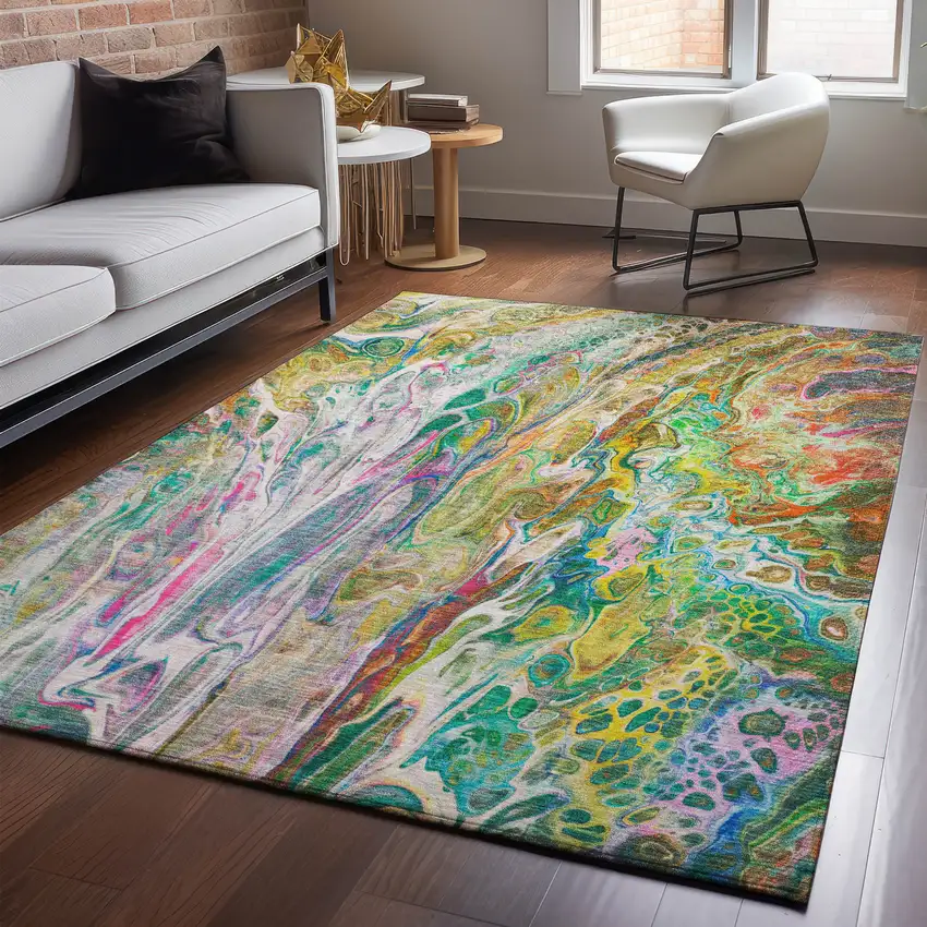 Green Gold And Teal Abstract Washable Area Rug With UV Protection Photo 5