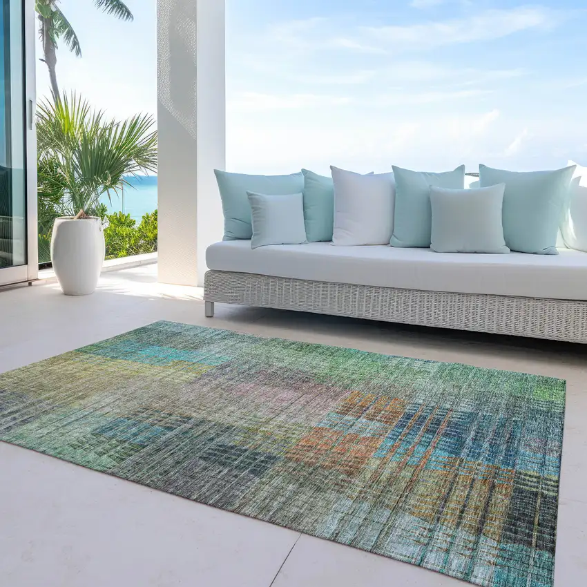Green Gold And Teal Blue Abstract Washable Indoor Outdoor Area Rug Photo 8