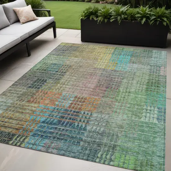 Green Gold And Teal Blue Abstract Washable Indoor Outdoor Area Rug Photo 1