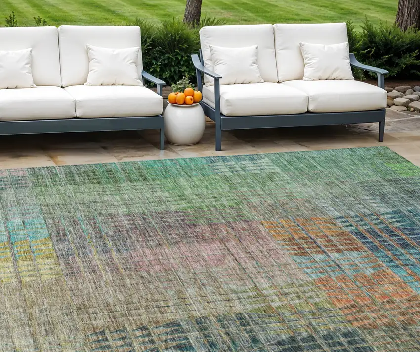 Green Gold And Teal Blue Abstract Washable Indoor Outdoor Area Rug Photo 1