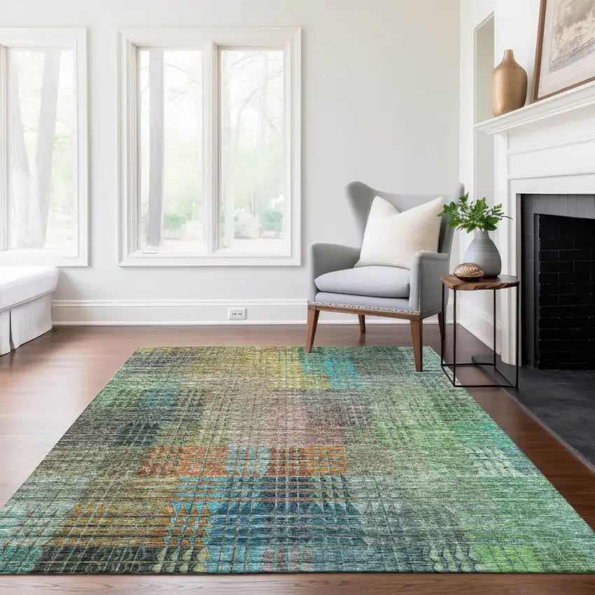 Green Gold And Teal Blue Abstract Washable Indoor Outdoor Area Rug Photo 9