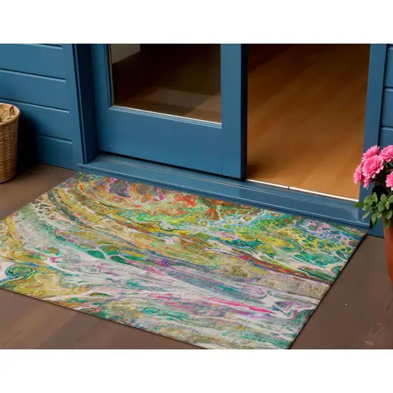 Green Gold And White Abstract Washable Indoor Outdoor Area Rug Photo 1