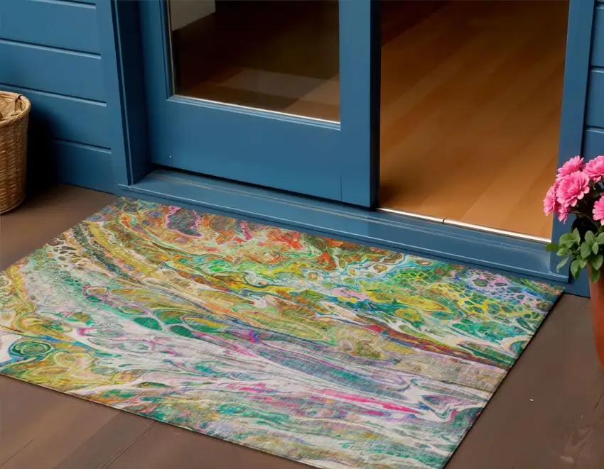 Green Gold And White Abstract Washable Indoor Outdoor Area Rug Photo 1