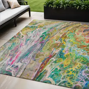 Photo of Green Gold And White Abstract Washable Indoor Outdoor Area Rug