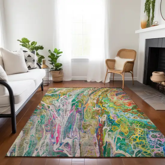 Green Gold And White Abstract Washable Indoor Outdoor Area Rug Photo 9