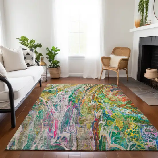 Green Gold And White Abstract Washable Indoor Outdoor Area Rug Photo 9