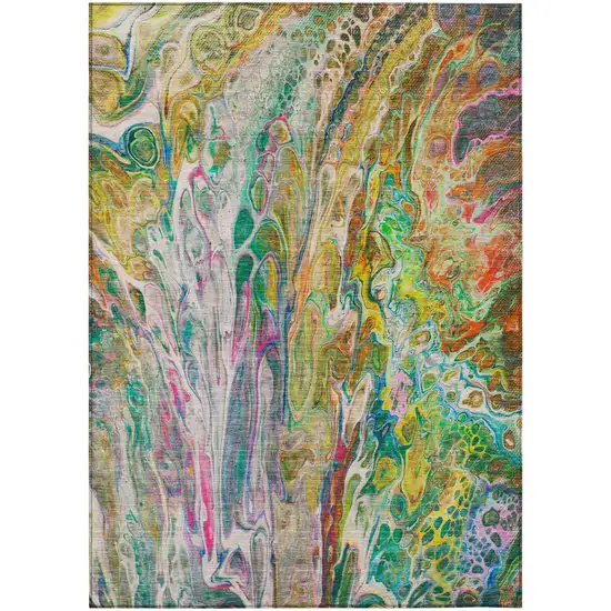 Green Gold And White Abstract Washable Indoor Outdoor Area Rug Photo 2