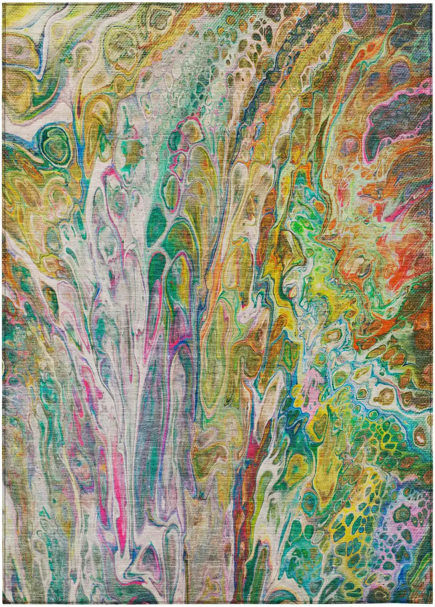 Green Gold And White Abstract Washable Indoor Outdoor Area Rug Photo 2