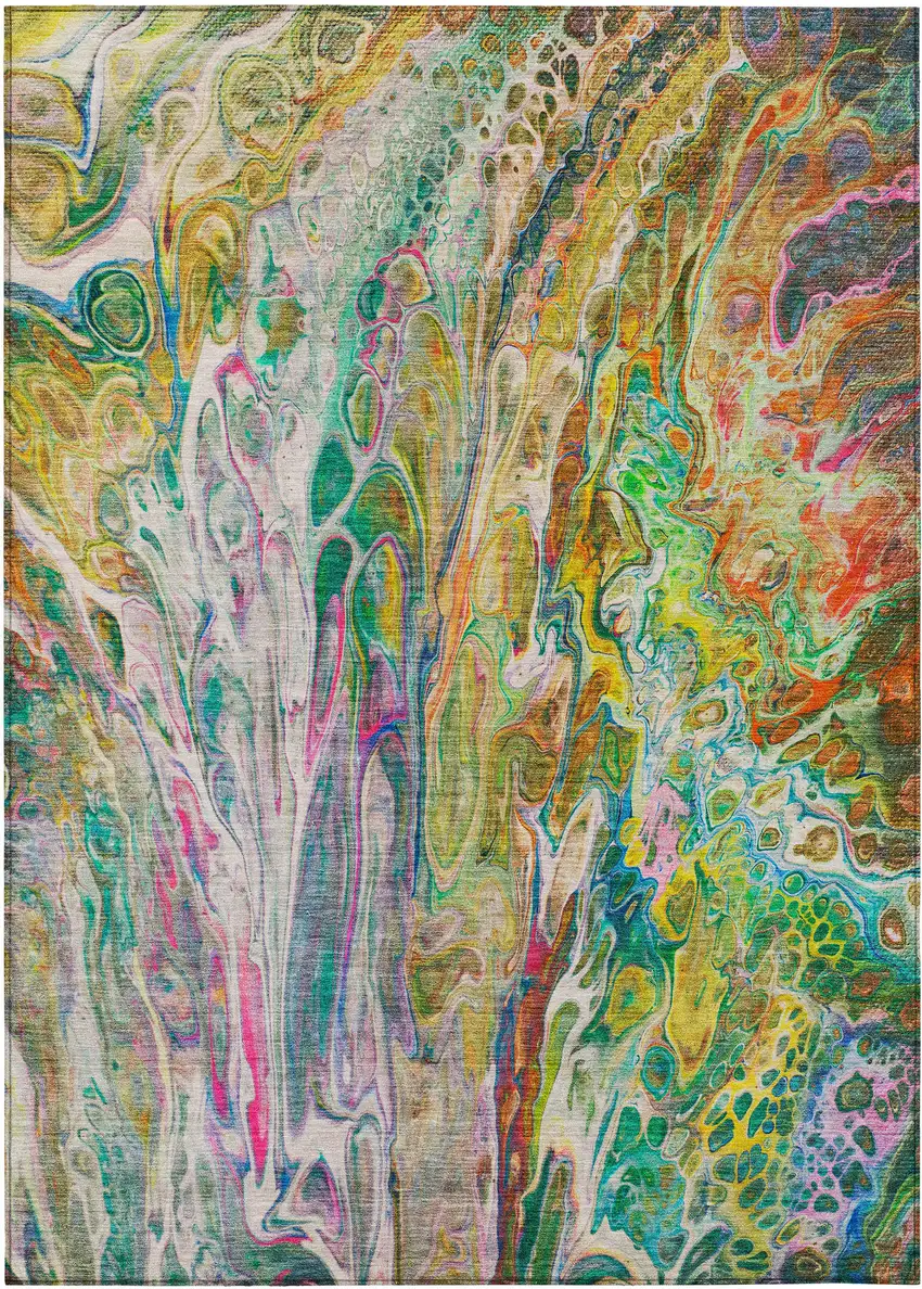 Green Gold And White Abstract Washable Indoor Outdoor Area Rug Photo 2