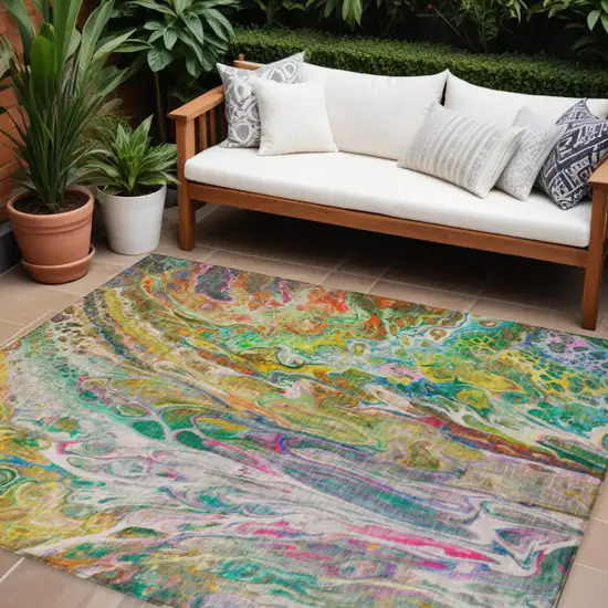 Green Gold And White Abstract Washable Indoor Outdoor Area Rug Photo 1