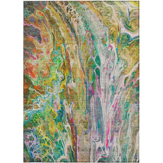 Green Gold And White Abstract Washable Indoor Outdoor Area Rug Photo 7