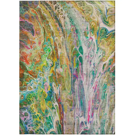 Green Gold And White Abstract Washable Indoor Outdoor Area Rug Photo 7