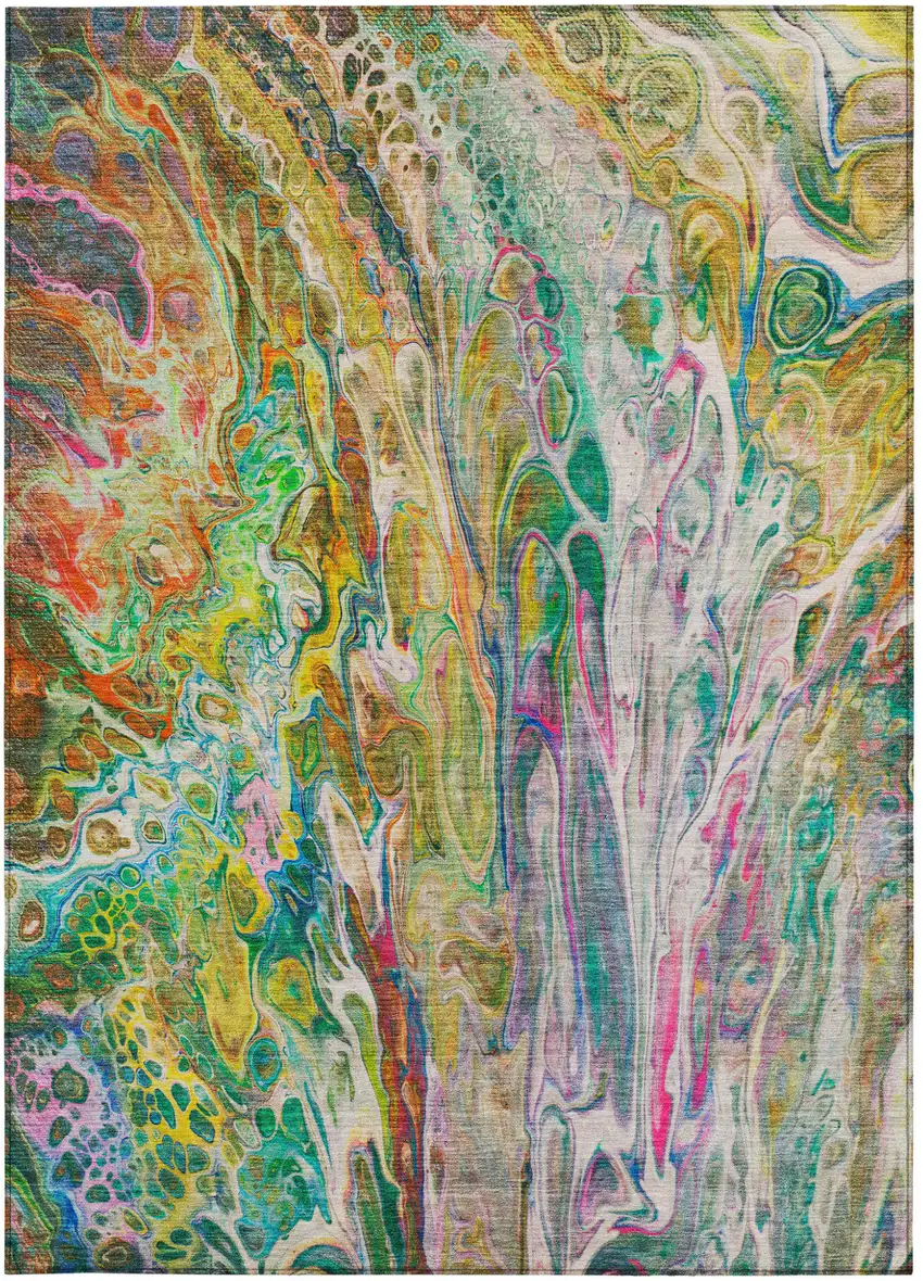 Green Gold And White Abstract Washable Indoor Outdoor Area Rug Photo 7
