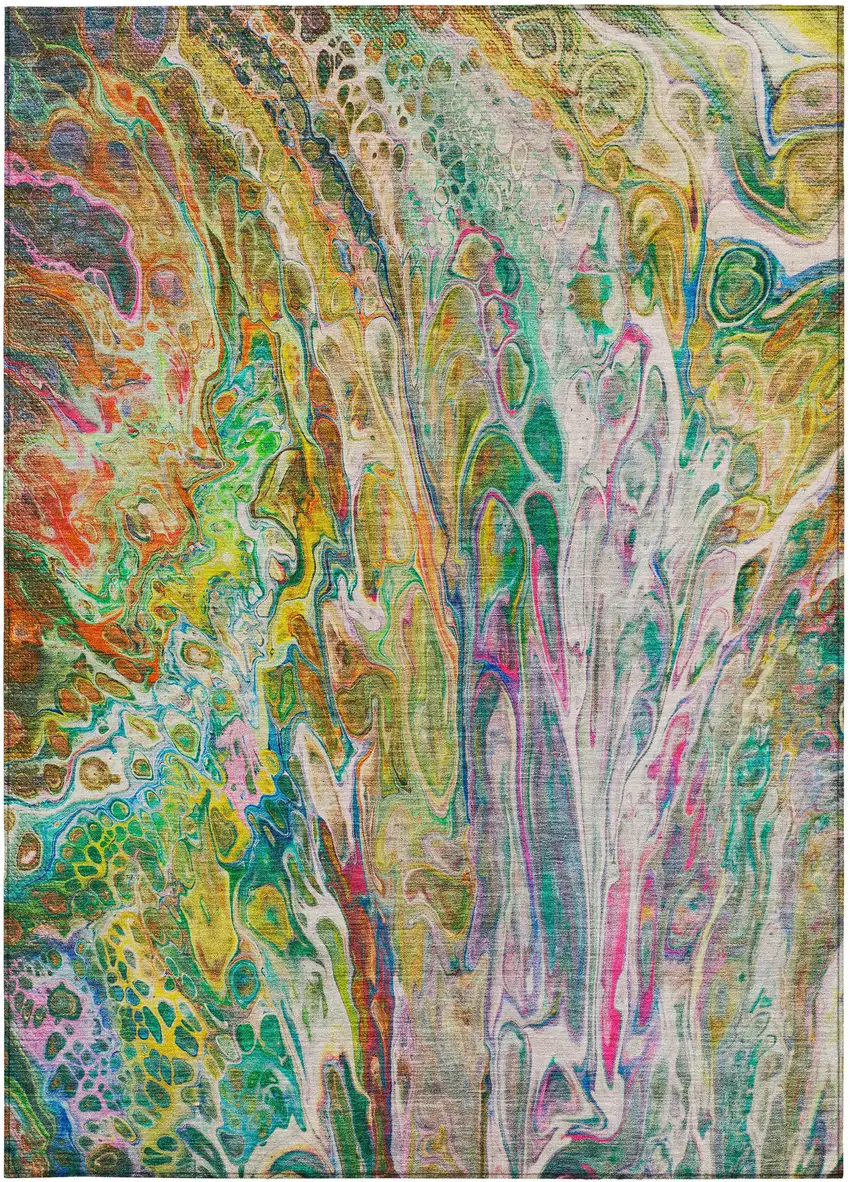 Green Gold And White Abstract Washable Indoor Outdoor Area Rug Photo 7
