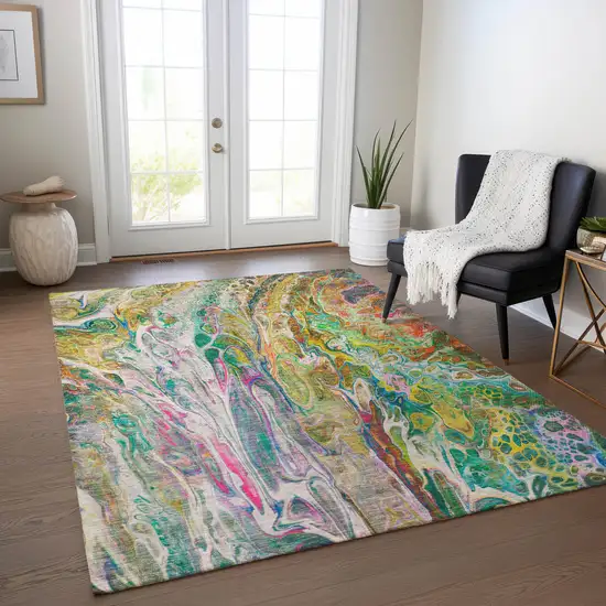 Green Gold And White Abstract Washable Indoor Outdoor Area Rug Photo 9