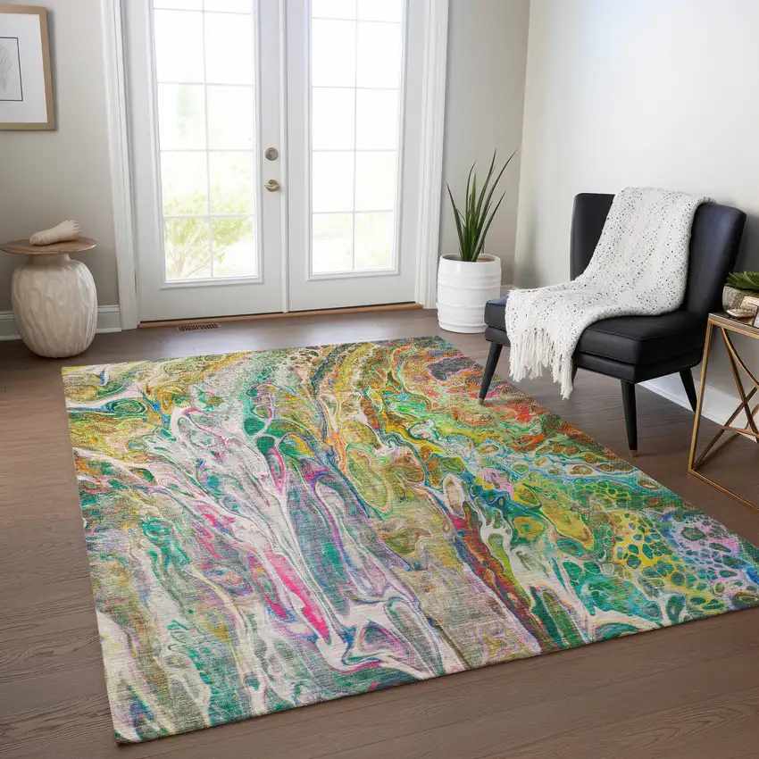 Green Gold And White Abstract Washable Indoor Outdoor Area Rug Photo 9